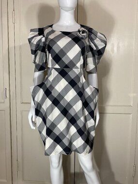 BURBERRY Blue Label Japan Silk Gray Black Check Puff Sleeve Pocket Dress Y2K 40